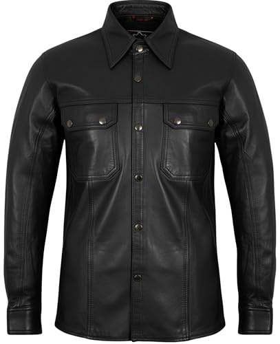 MDM Camisa de cuero para hombre en piel de cordero suave nappa en negro, Negro , M Alto