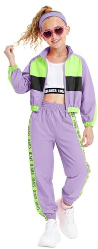 LOLANTA Conjunto de 3 piezas de ropa de hip hop para niñas, chándal retro de los años 80, camiseta sin mangas corta, chaqueta con cremallera y pantalones deportivos, Morado, 11-12 años, 160