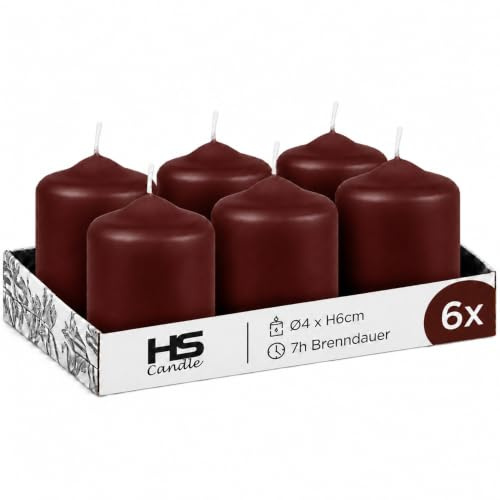 HS Candle Stumpenkerzen Braun, 6er Set, Ø 4 cm x 6 cm, Kerzen Tischdeko | Braune Wachskerzen, ca. 7 Std. Brenndauer – stimmungsvolle Deko für Adventskranz & Tisch, hergestellt in der EU