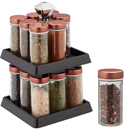 Relaxdays Gewürzregal inkl. 16 Gewürzgläser á 100 ml, Drehkarussel, zum Nachfüllen, mit Streueinsatz, kupfer/schwarz