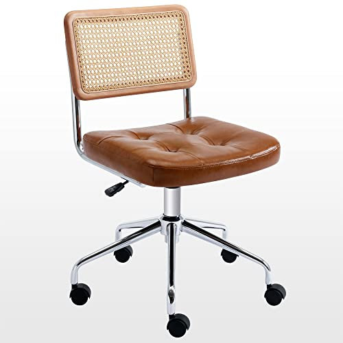 Zesthouse Leather Office Desk Chair with Wheels, Mid Century Rolling Desk Chair with Natural Rattan Back, Modern Swivel Home Office Chair, Small Height Adjustable Computer Task Chair, Brown