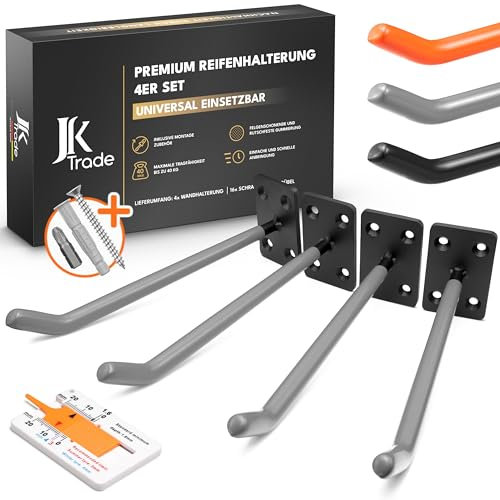 JK Trade® 4er Reifen Wandhalterung Set für Auto Felgen inkl. Schrauben und Dübel Set, Felgenschoner Wand Haken zum Schrauben für Autoreifen, Gartengeräte, Alufelgen, 40 kg Belastung (Grau V1)