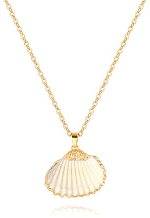 CANEVINKA 18K Gold Plated Natural Scallop Pendant Necklace Dainty Personalized Handmade Layered Charm Summer Beach Necklace Seashell Pendant Thin Cable Chain Necklace for Women