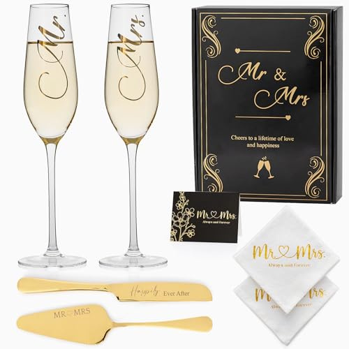 Wedding Cake Knife And Server Set Mr Mrs Champagne Flutes, Bride And Groom Gold Engraved Toasting Glasses With Cocktail Napkins Cake Cutting Set For Wedding, Personalized Engagement Gifts For Couple