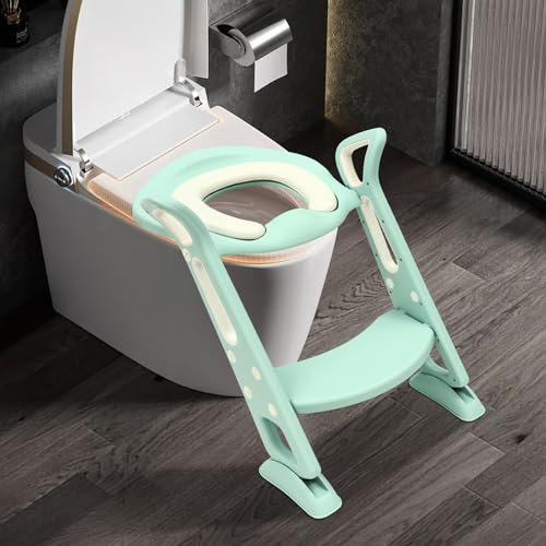 Toilettentrainer für Kinder,Toilette Trainer mit Treppe für Kinder, Kinder Toilette Sitz,Toilette Befestigung,Kinder-Toilettensitz mit Treppe, stabilen rutschfesten Stufen und Sicherheitsgriff. (Grün)