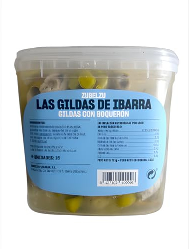 Zubelzu Gilda Ibarrako Piparrak con Boquerón, Aperitivo Vasco, Guindilla de Ibarra, Aceituna, Pepinillo – Listas para Servir -15 Unidades (236 g Escurrido)