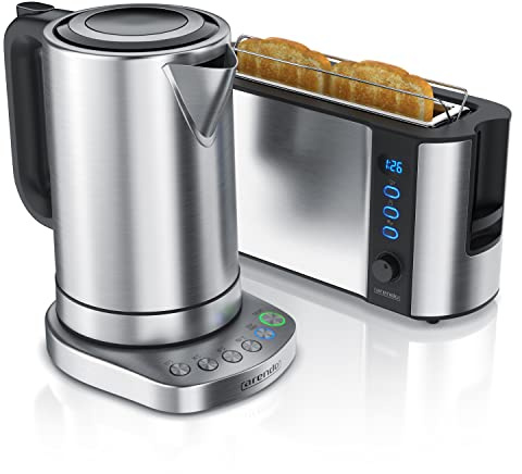 Arendo Ensembles Bouilloire et grille-pain en SET Bouilloire turbo en inox 1,7L 40°-100°C, Grille-pain 2 Tranches Ecran LED 6 niveaux de brunissage support viennoiserie grille pain, Gris