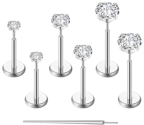 Gotumo 18G Flat Back Earrings Stud G23 Titanium Threadless Tragus Labret Cartilage Lip Medusa Conch Body Piercing Jewelry Hypoallergenic for Women Men(Silver)
