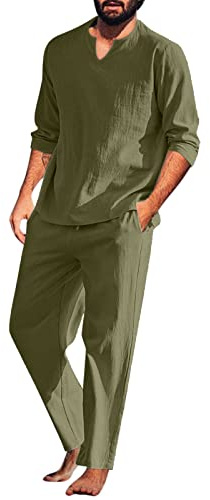 Pigiama da uomo in cotone, 2 pezzi, da notte, a maniche lunghe e pantaloni lounge con scollo a V, pantaloni da yoga, abbigliamento da spiaggia, pigiama, set retrò a maniche lunghe, Ag., M