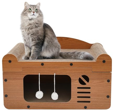 Katzenhaus, Katzenhöhle aus Pappe mit Kratzmatte und Plüsch-Bällen, große Größe, Katzenbett mit Geschwungenes Baldachin-Design, Belüftete Öffnungen, 56 * 30 * 32cm, für Indoor/Outdoor