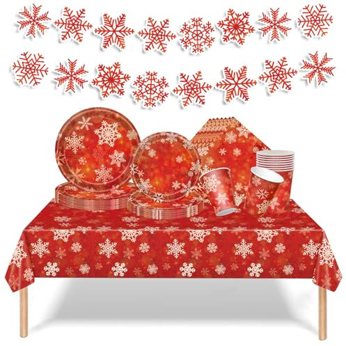 Juego de vajilla de fiesta de Navidad de 70 piezas, platos desechables, servilletas, vasos, mantel y pancarta, vajilla de Navidad y decoraciones de mesa