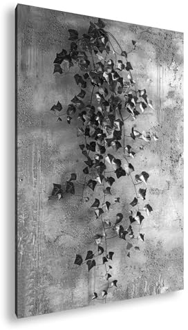 deyoli Ance di edera che crescono su un muro di cemento grezzo. Formato: 90 x 60 cm. Effetto: bianco e nero come tela su tela, motivo già incorniciato su telaio in vero legno, stampa digitale di alta