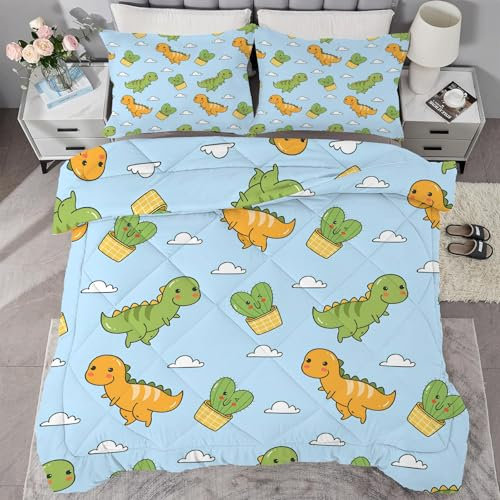 buyluhn Piumino completo con dinosauro, reversibile, per tutte le stagioni, per letto matrimoniale, lavabile in lavatrice, per letto matrimoniale, estate e inverno, leggero, 2 federe