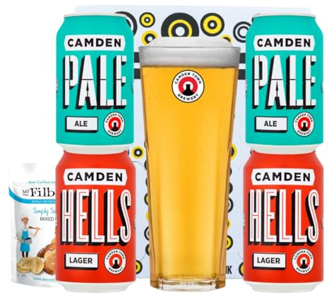Camden British Craft Beer Gift Set Box with Kenneth Glass, 4 Pack | Pale Ale, Lager