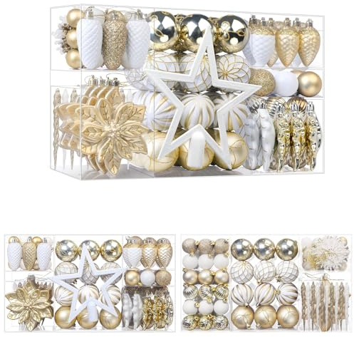 SHareconn 2025 Neues Weihnachtskugeln Weihnachtsdeko Set Champagnergold und Weiß 106 STK, Bruchsichere Weihnachtsschmuck Dekoration für Weihnachtsbaum,Tolle Dekorationen für Weihnachtsfeier Hochzeit