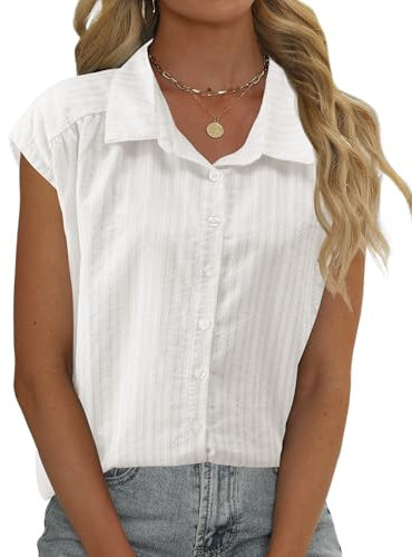 EFFAN Womens White Blouse Cotton Shirts Cap Sleeve Blouses V Neck Summer Buttom Down Shirts Ladies Loose Fit Work Blouse Tops UK, White Stripes, L