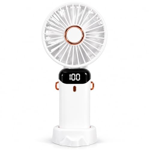 Portable Mini USB Fan, LED Display, Rechargeable Battery, 90° Foldable Design, White and Rose Gold