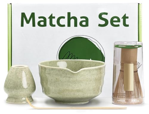 Matcha Set, Matcha Kit 4 Pcs, Traditional Japanese Matcha Tea Set, Bamboo Matcha Whisk, Matcha Spoon,Beautifully Crafted Matcha Bowls, A Great Gift for Matcha Lovers (Matcha Green)