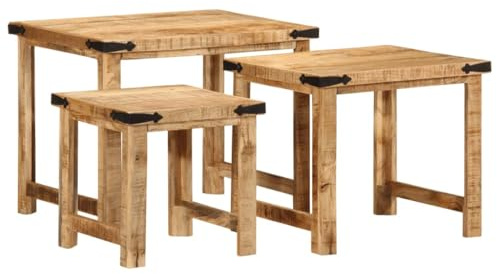 QUAHEAS Satztische 3er-Set aus massivem Mangoholz, Industrial Design, Beistelltisch Set für Wohnzimmer, Schlafzimmer, Büro, Couchtisch, Nachttisch
