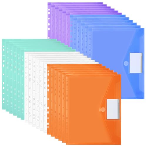 Donken Dokumententasche A4, 30 Stück Dokumentenmappe, Wasserdichte Mappen mit 11 Löchern, Klettverschluss und Etikettentaschen, Durchsichtige Dokumentenhüllen für Dokumente Organisiere (30, 5 Farben)