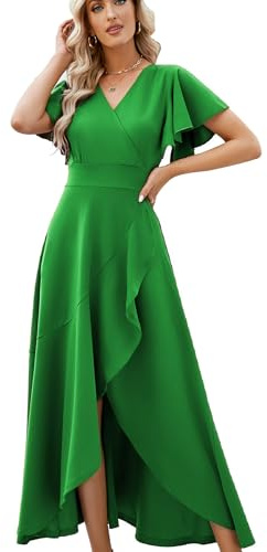 Formal Dresses for Women,Gowns Evening Party Cocktail Dress,Long Split Elegant V Neck Wrap Ruffle Wedding Guest A-line Dresses Apple Green-XL