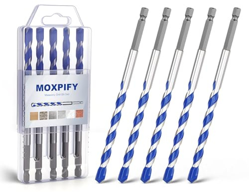 MOXPIFY 5pcs Impact 8mm Masonry Drill Bit Hex 150mm Extra Long | Tungsten Carbide Tip Concrete Drill Bits for Brick Wall Tile Porcelain (8mm x 150mm x 5, Hex Shank)