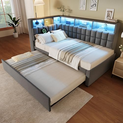 TOBIDOEN Polsterbett 90x200 cm mit Ausziehbett 90x190 cm, Funktionales L-förmiges Kopfteil mit Regalen, Schlafsofa, Platzsparend als Gästebett, Leinen-Baumwolle (Grau, ohne Matratze)