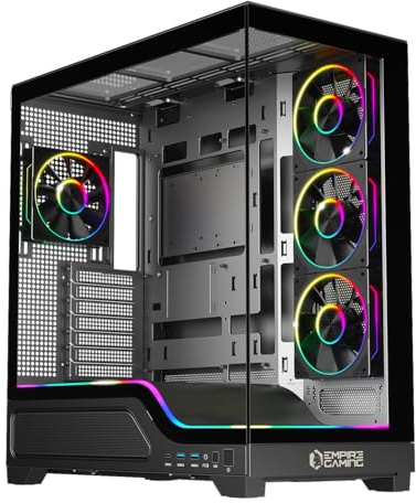 EMPIRE GAMING EC259 ATX/MATX/ITX Panorama PC-Gamingchassi med Stor Volym, Integrerad ARGB (LED-Remsa + 4 Fläktar + PWM-Hub), GPU XXL 440 mm, Härdat Glas, Vattenkylning 360 mm, USB-C, Medium Tower