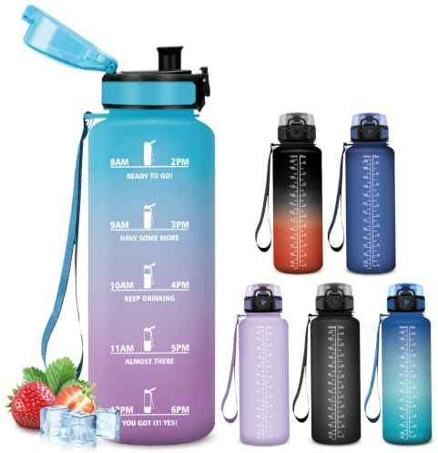 Mujigaga Gourde 1,5l, Anti Fuite Gourde Sport, Bouteille Motivation, Facile à Transporter et à Nettoyer, Bouteille avec Marqueur de Temps, Verrou de Sécurité, pour Velo, Bureau, Camping