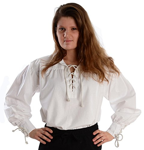 HEMAD Camisa medieval de las mujeres con cuello - puro algodón - Blanco XL