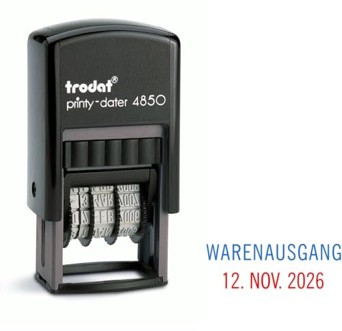Trodat Printy Dater 4850 Datumstempel mit 2farbigem Kissen blau/rot + Wunschtext, Stempeltext:WARENAUSGANG