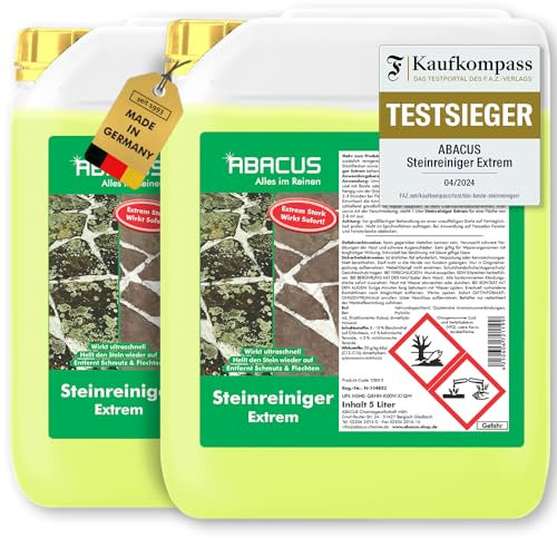 ABACUS® Steinreiniger Extrem, intensiver Steinreiniger für außen mit Sofortwirkung, entfernt sofort Schmutz, Grünbelag, Flechten & Algen in Minuten, Steinreiniger Intensiv außen 10 Liter