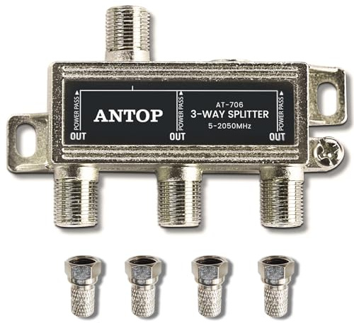 ANTOP 3 Way Antenna Coaxial Splitter, TV Signal Splitter 2GHz- 5-2050MHz - Low-Loss RF Splitter for TV and Satellite AT-706