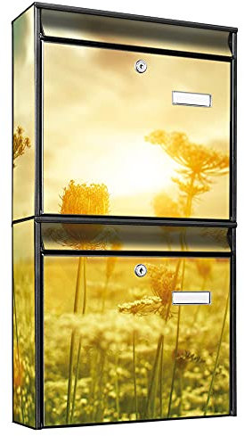 banjado Briefkastenanlage 2 Fach - 2 Briefkästen 36x64x10cm groß - Doppelbriefkasten Set - Namensschild, 2 Schlüssel, Montagematerial - Stahl verzinkt schwarz - Motiv Dill Feld Sonne