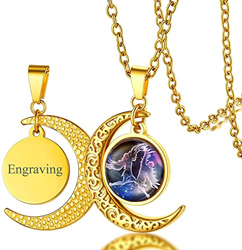 FaithHeart vergoldet Sternbild Münze Anhänger Herren Damen Halbmond Halskette mit Sternzeichen Zwillinge Anhänger Horoskop Schmuck mit Ihr Wunsch Gravur für Mama Freundin