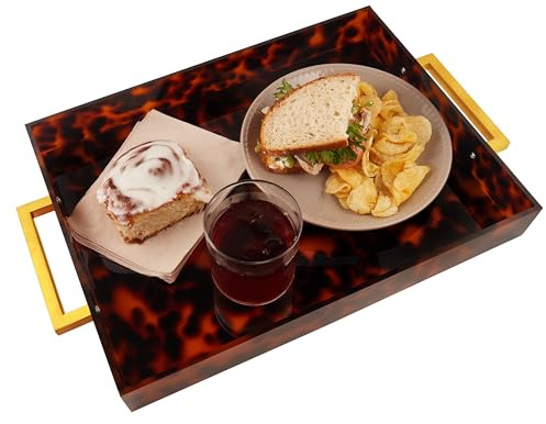 Acryl Serviertablett, goldene Griffe, 40,6 x 30,5 x 5,1 cm dekoratives Tablett für Tisch, Lebensmittel, Getränke Servierplatte für Arbeitsplatte, Küche, Badezimmer,Party, Serviertablett (Schildpatt)