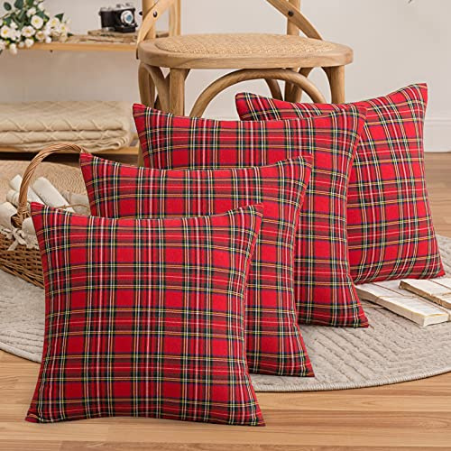 FATCAT 4er Set Schottischen Dekorative Kissenbezug Kissenhülle, RedTartan-Check-Kissenbezüge mit Verstecktem Reißverschluss, für Sofa Schlafzimmer Wohnzimmer Auto 45x45cm, Kleine Textur