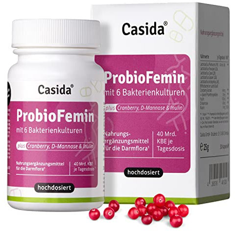Casida ProbioFemin Kapseln mit 6 Bakterienkulturen (40 Mrd KBE) plus Cranberry, D-Mannose & Inulin - Ideal für FRAUEN - Optimale Kombination für die weibliche Gesundheit - Aus der Apotheke - 30 Kps.