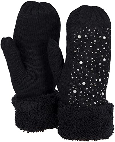 styleBREAKER Varma vinterstickade vantar med strass och pärlor, handskar, termisk fleece, stickade handskar 09010039, svart, En Storlek