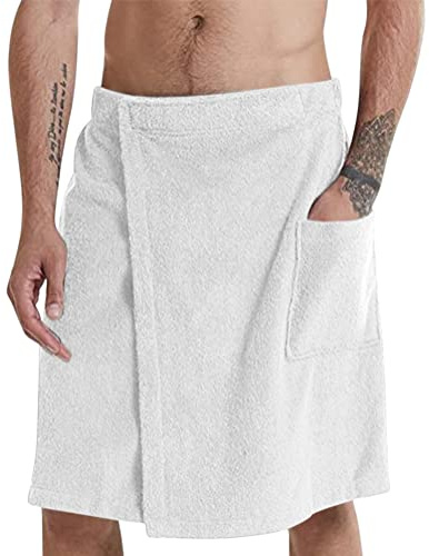 Oanviso Asciugamano da Bagno Uomo con Chiusura in Pull-On e Tasca Classico Colore Solido Asciugamano da Bagno Gonna con Elastica Kilt da Sauna per Casa o Sauna Morbido Confortevole A Bianco M