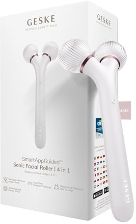 GESKE | Rouleau facial sonique SmartAppGuided™ | 4 in 1 | Derma Roller | Appareil pour le visage | Rouleau facial professionnel | Raffermit et redessine la peau du visage