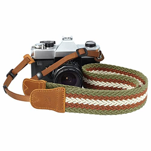 Stripes Camera Strap - 1.5 Cowhide Head Shoulder Neck Strap ,Vintage Woven Multi-color Camera Straps for Cameras and Binoculars,Cute Adjustable Thin Strap for Adults & Kids(Green Yellow White）