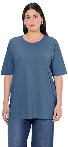 Ulla Popken Damen große Größen Übergrößen Plus Size T-Shirt, Rundhalsausschnitt, Relaxed, Halbarm denimblau 50+ 486910721-50+