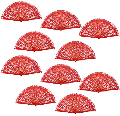 10 Stück Handfächer Spitze Hochzeitsfächer, Faltbare Fächer Hochzeit Fächer Spanisches Handheld Fächer Gastgeschenk Tanzfächer für Hochzeiten Fasching Party,Rot