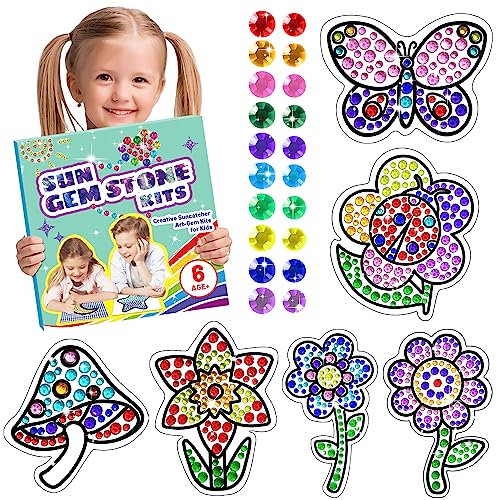 atydkug Suncatcher Craft Sets for Children, Craft DIY Diamond Toys for Girls, 6 Pieces Flowers Gemstone Art Painting Sets by Numbers 5D Gemstone Diamond Art Craft Kits for Boys 6-12