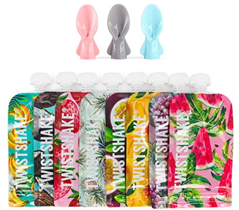 Twistshake Babynahrungsbeutel 220 ml + Löffel – 8er-Set | Wiederverwendbare Babynahrungstasche mit doppeltem Reißverschluss | BPA-freier Fill n Squeeze Baby-Entwöhnungsbeutel | Gefrierschranksicher