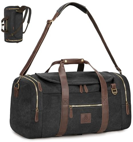 densata Nomad Reisetaschen für Herren, 50 l, Segeltuch, Vintage-Stil, echtes Leder, Reisetasche, multifunktionaler Wochenend-Rucksack mit Schuhfach, Schwarz, X Large-60L, Vintage