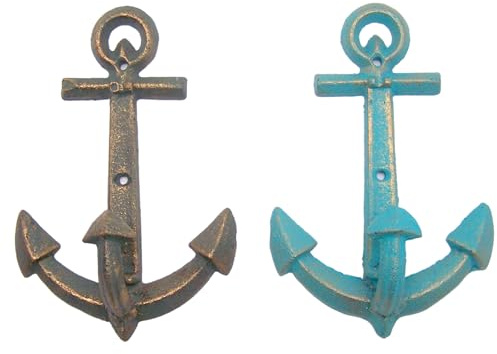 Wowser Distressed Blue and Green Anchor Wall Hooks, Set of 2, Coastal Interior Design, Wall Mounted Nautical Decor, 7.5 Inches