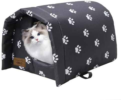 Vinnypet Katzenhöhle Für Draußen Wasserdicht Und Warm | Faltbare Katzenhaus mit Plüschkissen Weich Hundehöhle Tierheim Für Streuner Haustiere 54x42x36cm