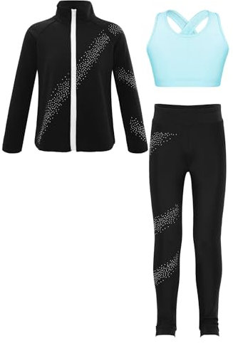 FEESHOW Mädchen Sport Kleidung Set Eiskunstlauf Anzug Sport BH Sport Leggings Sweatjacke Set Kinder Eislaufen Trainingsoutfit Yoga Workout Outfit Hellblau_B 134-140